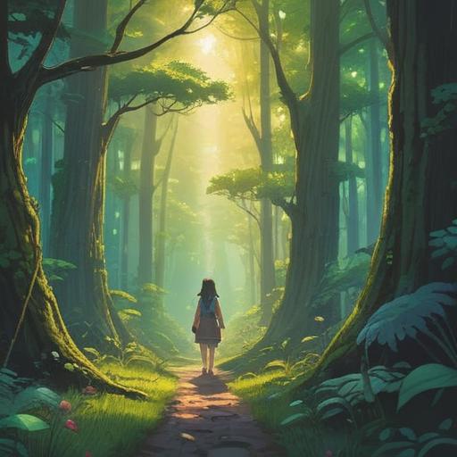 A serene moment in nature, a peaceful setting with soft sunlight filtering through the trees, a gentle breeze carrying a melodic sound resembling bells, a figure meditating with a tranquil expression, surrounded by flowers and greenery, a sense of spiritual awakening and positive energy, harmonious atmosphere, ethereal quality, soothing colors, 4k