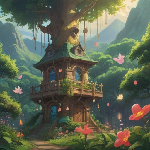 A serene landscape depicting the sound of bells, sunlight filtering through lush trees, a gentle breeze swaying colorful flowers, a smiling character listening intently, subtle sparkle in the air, representation of good fortune, peaceful ambiance, harmonious setting, vibrant colors, inviting atmosphere