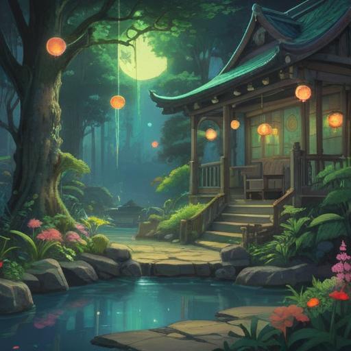A serene landscape with gentle wind chimes swaying in the breeze, soft glowing orbs of light floating around, a tranquil garden setting with lush greenery and blooming flowers, ethereal atmosphere, symbolic representation of sound and spirituality, soothing colors, magical realism, 4k