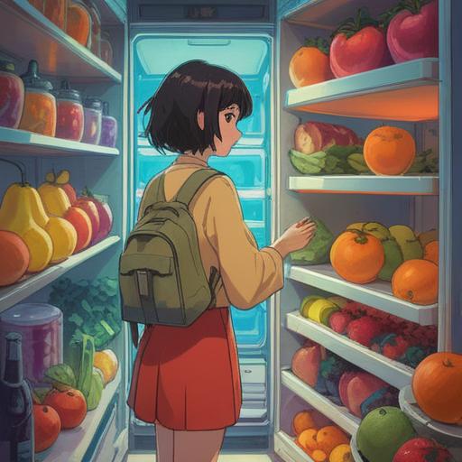 A serene scene of a person organizing a refrigerator, soft ambient light, spiritual symbolism, a sense of clarity and renewal, vibrant fruits and vegetables neatly arranged, gentle aura reflecting inner peace, an ethereal atmosphere, harmonious colors, calm expression on the person's face, 4k