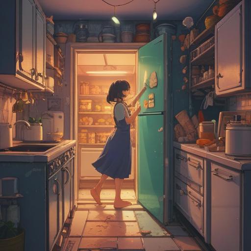 A serene and calming scene of a person cleaning out a refrigerator, surrounded by soft glowing lights representing spiritual signs, gentle colors, ethereal aura, focus on fresh food items being sorted, reflection of inner peace and mindfulness, a sense of harmony and balance, clutter dissipating, 4k