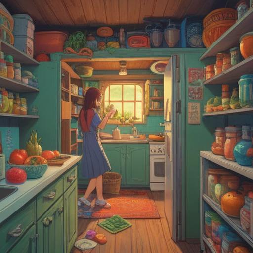 A bright and cheerful kitchen scene, a person happily organizing a cluttered refrigerator, colorful fruits and vegetables being placed neatly on shelves, unexpected lucky items like a four-leaf clover and a small fortune cookie among the groceries, warm lighting, vibrant colors, inviting atmosphere, homey feel, 4k