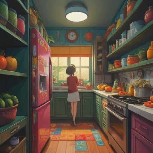 A bright and organized kitchen scene, an open refrigerator filled with fresh fruits and vegetables, clear shelves showcasing neatly arranged containers, a person smiling while decluttering, a sense of calm and harmony, warm natural light illuminating the space, inviting atmosphere, 4k