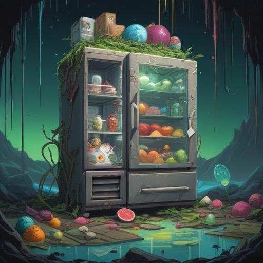 A symbolic illustration representing the spiritual meaning of a broken refrigerator, a surreal scene depicting the loss of freshness and sustenance, contrasting coldness with warmth, ethereal light illuminating the shattered appliance, vibrant fruits and vegetables symbolizing abundance scattered around, a mystical aura surrounding the chaos, deep colors, dreamlike atmosphere, conveying transformation and change, 4k