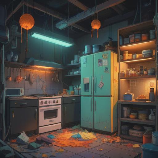 A spiritual symbol emerging from a broken refrigerator, ethereal light emanating, surrounded by mystical energy, food items floating gracefully, intricate patterns of energy, soothing colors, a sense of renewal and hope, enchanting atmosphere, illustrative style, 4k