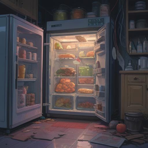 A mystical and serene scene depicting a refrigerator on the verge of breaking down, with ethereal energy surrounding it, subtle glowing signs representing spiritual warnings, a faint aura of energy flowing from the fridge, a calm home environment, soft lighting creating a peaceful atmosphere, subtle hints of nature outside the window, 4k