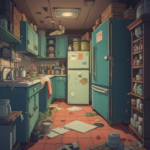 A broken refrigerator scenario, humorous elements, unexpected lucky items, a chaotic kitchen, spilled food and drinks, characters with surprised expressions, vibrant colors, cartoonish style, quirky details, cheerful atmosphere, 4k