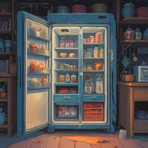 A symbolic illustration of a broken refrigerator, representing emotional release and transformation, ethereal elements surrounding the fridge, soft glowing light emanating from within, food items scattered around, a sense of renewal and healing, contrasting colors symbolizing chaos and peace, surreal atmosphere, detailed textures, 4k