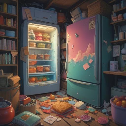 A surreal illustration of a broken refrigerator, vibrant colors, symbolic food items spilling out, ethereal light illuminating the scene, abstract representations of spiritual growth, a serene aura surrounding the refrigerator, whimsical elements of nature, metaphorical imagery suggesting transformation and renewal, 4k