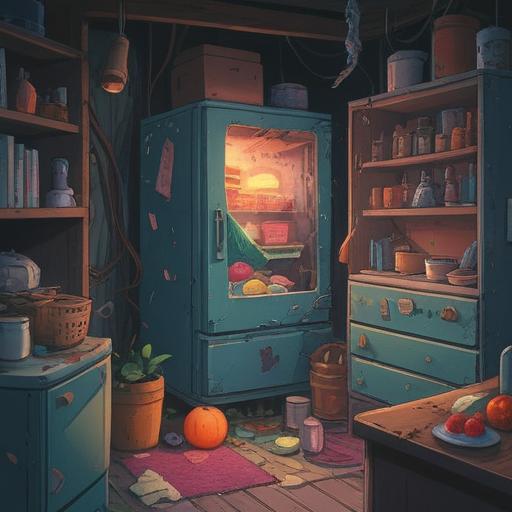 A surreal illustration of a broken refrigerator, mystical aura, ethereal light, symbols of caution floating around, vibrant colors, dreamlike atmosphere, abstract representations of spiritual signs, elements of nature intertwined, 4k