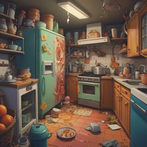 A whimsical illustration depicting a chaotic kitchen scene with a malfunctioning refrigerator, colorful food items spilling out, characters looking surprised and amused, the contrast between disorder and cheerful expressions, warm lighting creating a cozy atmosphere, playful details emphasizing the theme of learning from mishaps, 4k