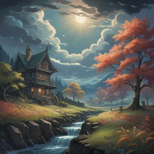 A serene landscape representing the spiritual meaning of cold winds, ethereal light breaking through dark clouds, swirling leaves caught in a gentle breeze, a solitary figure meditating under a ancient tree, a sense of tranquility and introspection, nature's whispers, symbolism of change and enlightenment, soft blue and white tones, 4k