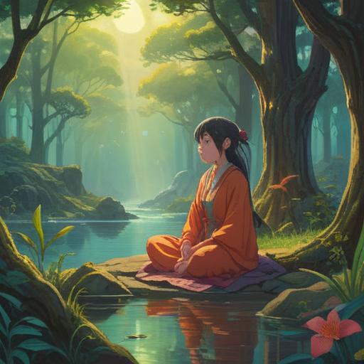 A serene landscape with a gentle breeze, ethereal light filtering through trees, mystical symbols in the air, a calm figure meditating, surrounded by floating leaves, hints of spiritual energy, soft pastel colors, tranquil atmosphere, nature and spirituality blend harmoniously, 4k