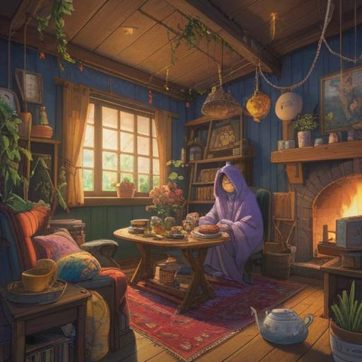 A cozy scene featuring soothing items that bring peace of mind, a warm cup of herbal tea, a plush blanket draped over a comfy chair, soft glowing candles emitting a gentle light, indoor plants adding a touch of nature, calming colors like soft greens and warm browns, inviting atmosphere, detailed textures, peaceful setting, 4k