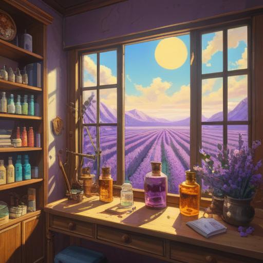 A serene indoor scene, bright sunlight filtering through a window, beautifully arranged essential oil bottles, calming lavender and citrus scents, blooming flowers on a table, soft pastel colors, a person meditating or reading peacefully, cozy atmosphere, gentle light playing on surfaces, 4k
