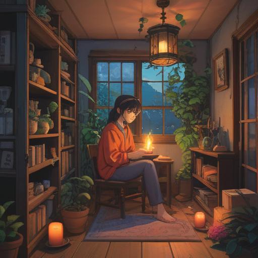 A serene scene depicting a person surrounded by aromatic plants and candles, soft glowing light, a cozy room filled with comforting scents, symbols of luck like four-leaf clovers and horseshoes, a sense of tranquility and hope, nature's beauty intertwined with elements of luck, warm color palette, inviting atmosphere, 4k