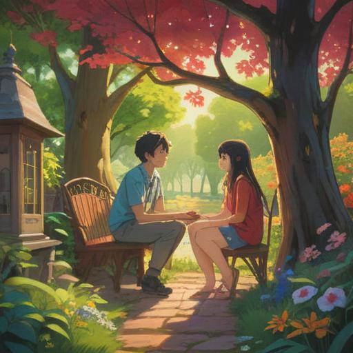A serene outdoor scene depicting two neighbors sharing a heartfelt conversation, warm sunlight filtering through the trees, a cozy garden setting, relaxed body language, smiles and laughter, symbolic gestures of connection, an inviting atmosphere, peaceful expressions, 4k