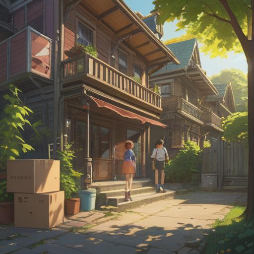 A serene neighborhood scene, depicting a family moving out of their home, boxes filled with memories, bright sunlight shining through the trees, a sense of new beginnings, neighbors exchanging warm farewells, vibrant flowers blooming in the garden, subtle spiritual symbols in the background, positive energy surrounding the event, harmony and connection, 4k