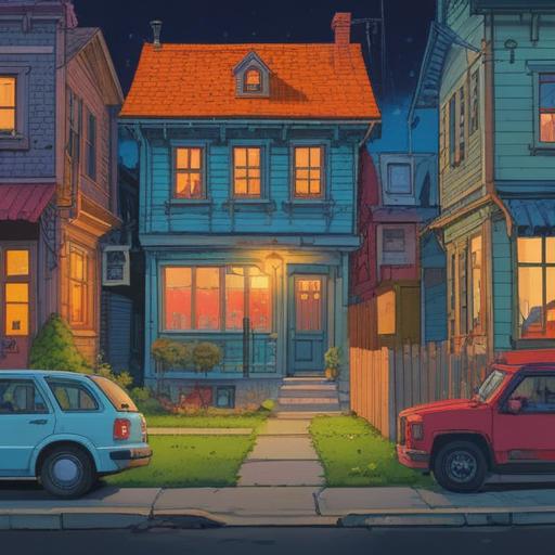 A whimsical illustration of a neighborhood after a neighbor moves out, vibrant colors, a house with a 