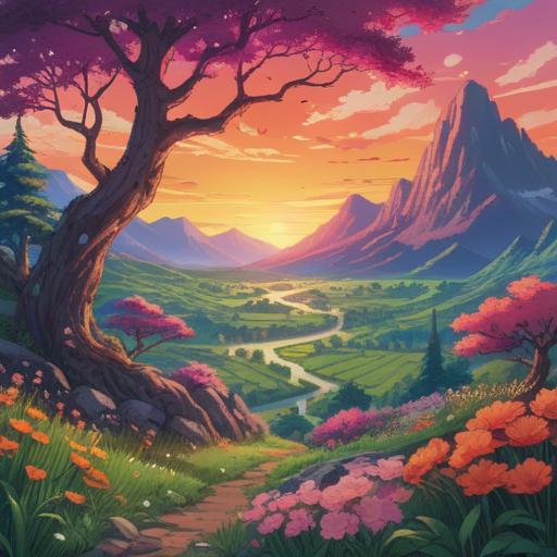 A vibrant illustration symbolizing new beginnings and transformation, a sunrise over a blossoming landscape, diverse flora and fauna representing growth, a winding path leading towards the horizon, figures embarking on a journey, hopeful expressions, bright colors, dynamic composition, 4k