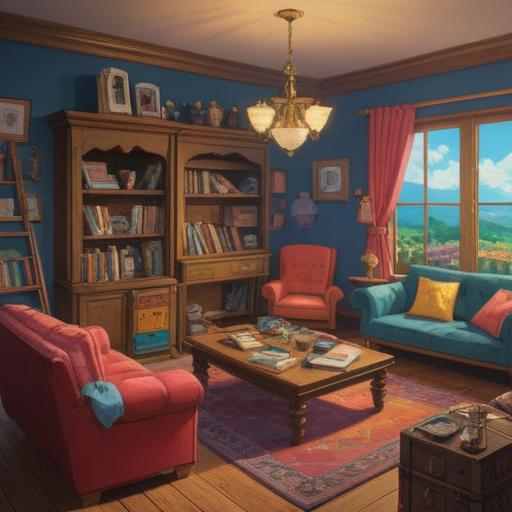 A whimsical scene depicting a cozy living room after a neighbor's move, scattered boxes left behind, an unexpected treasure chest revealed in the sunlight, various lucky items like a four-leaf clover and a horseshoe, warm pastel colors, a sense of serendipity, nostalgic feel, 4k
