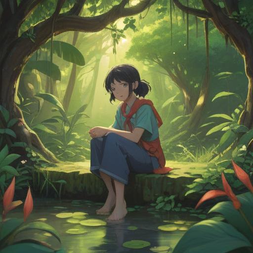 A serene scene depicting a person embracing a new environment, surrounded by greenery and sunlight, practicing a unique ritual for attracting luck, vibrant flowers symbolizing growth and prosperity, a sense of peace and optimism in the air, gentle breeze moving through the leaves, inspiring and hopeful atmosphere, 4k