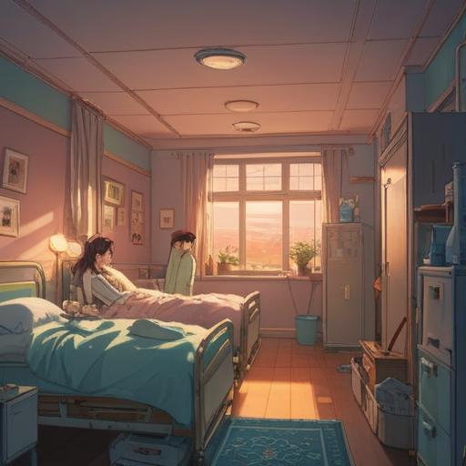 A serene hospital room, a soft light illuminating the scene, family gathered around a loved one, emotional expressions on their faces, signs of spiritual presence, gentle breeze flowing through the window, vibrant aura surrounding the patient, peaceful transition, interconnectedness of life and death, 4k