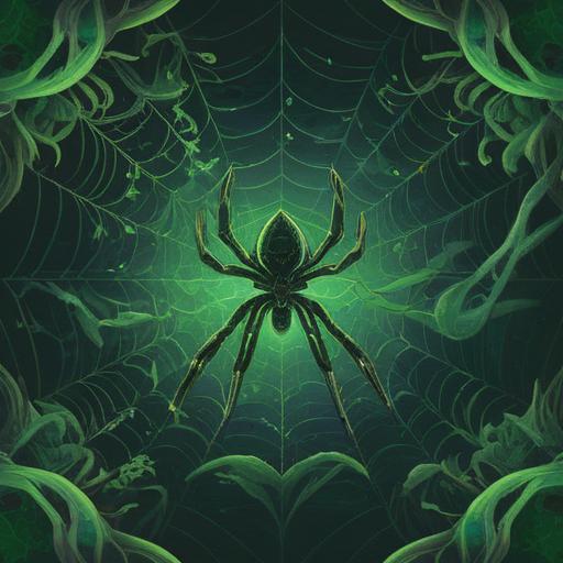 A green spider symbolizing spiritual meaning, intricate web design, ethereal ambiance, nature elements surrounding the spider, vibrant green hues, mystical essence, gentle light filtering through leaves, serene environment, 4k