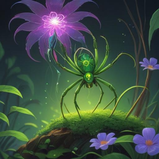 A vibrant green spider perched on a blooming flower, symbolizing spiritual positivity and transformation, surrounded by ethereal light, mystical aura, lush greenery in the background, calm and uplifting atmosphere, detailed texture on the spider, representing good omens, interconnected nature elements, 4k