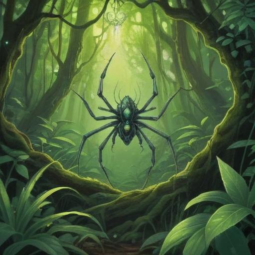 A vibrant illustration of a green spider, surrounded by mystical symbols, representing spiritual guidance, lush forest background, ethereal light filtering through leaves, focus on the spider’s intricate features, conveying a sense of alertness, serene yet intriguing atmosphere, 4k