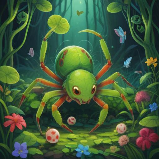 A whimsical scene depicting a vibrant green spider, surrounded by various lucky items like four-leaf clovers, rabbit foot charms, and lucky coins, colorful sunlight filtering through the trees, a serene garden setting, soft focus on the spider, enchanting atmosphere, detailed textures and vivid colors, 4k