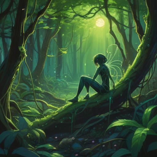 A surreal scene of a person sitting in a lush green forest, receiving a glowing message from a vibrant green spider, intricate web details, enchanting light filtering through the leaves, curiosity and wonder on the person's face, nature's peaceful ambiance, magical realism, 4k