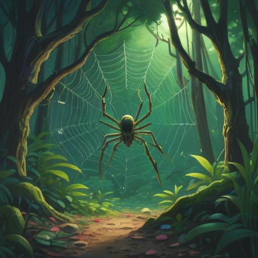 A green spider symbolizing spiritual meaning, mystical forest setting, intricate web glistening in sunlight, serene atmosphere, vibrant greenery, soft light filtering through leaves, ethereal presence, connection to nature, harmonious energy, 4k