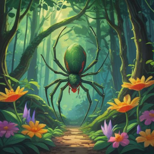 A serene illustration of a green spider in a sunlit forest, surrounded by lush greenery and colorful flowers, embodying spiritual symbolism and positive energy, with gentle rays of light illuminating the scene, mystical aura, intricate details in the spider's pattern, harmonious nature setting, 4k
