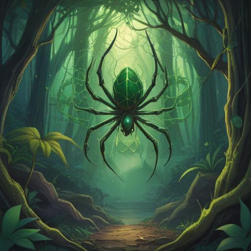 A vibrant, mystical scene depicting a green spider, emphasizing spiritual symbolism, surrounded by ethereal light, mysterious forest background, intricate web patterns, gentle breeze rustling leaves, deep connection to nature, inviting introspection, harmonious colors, 4k