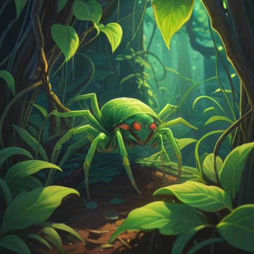 A mysterious scene featuring a green spider resting on a vibrant leaf, surrounded by lush greenery, a glimmer of sunlight filtering through the foliage, a sense of wonder and curiosity, dreamlike ambiance, the number seven subtly integrated into the composition, evoking a feeling of luck and prosperity, atmospheric depth, intricate details, 4k