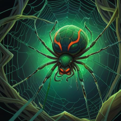 A vivid and surreal illustration of a green spider, intricately woven webs symbolizing communication, subtle glowing aura around the spider, an open book nearby with letters floating away, nature-inspired background with lush greenery, a sense of mystery and introspection, representing messages and their meanings, 4k