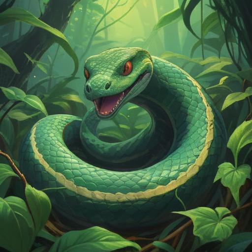 A vibrant illustration of a green snake coiling gracefully among lush greenery, symbolizing transformation and healing, surrounded by ethereal light, intricate patterns representing spirituality, a serene and mystical atmosphere, representing wisdom and renewal, 4k