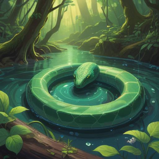 A vibrant green snake coiled gracefully around a crystal-clear stream, sunlight filtering through lush leaves, representing spiritual guidance, symbolizing transformation and renewal, surrounded by soft, glowing orbs of light, serene nature setting, harmonious atmosphere, 4k