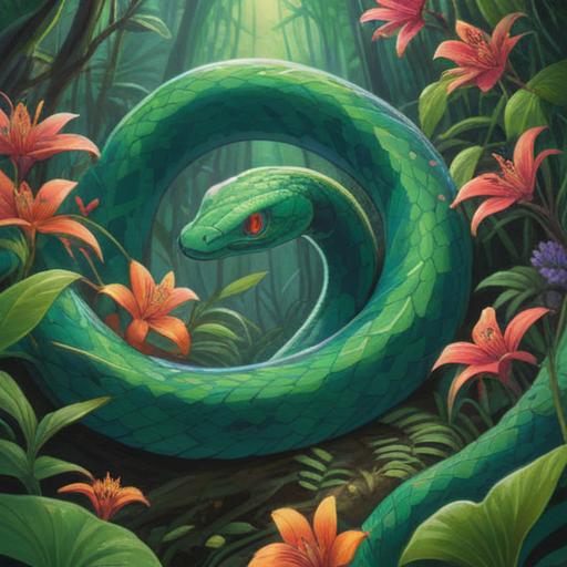 A vibrant green snake emerging from lush foliage, symbolizing spiritual awakening, surrounded by mystical energy, intricate patterns in the background, ethereal light illuminating the scene, a blend of nature and spirituality, vibrant colors, serene atmosphere, 4k