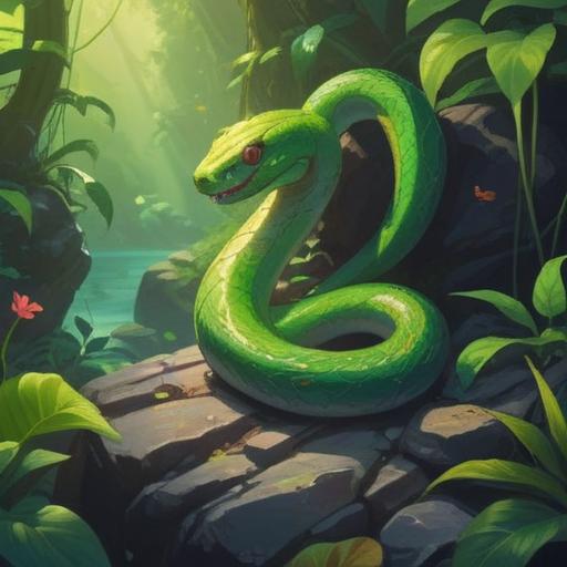 A close-up of a vibrant green snake resting on a rock, sunlight filtering through lush foliage, surrounded by lucky charms like four-leaf clovers and horseshoes, a serene natural setting, inviting atmosphere, evoking a sense of luck and wonder, detailed texture of the snake's scales, 4k