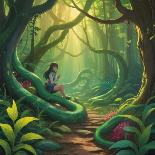 A serene forest scene, a celebration of meeting a green snake, vibrant greenery all around, soft sunlight filtering through the leaves, people in traditional attire performing a heartfelt ritual, intricate offerings placed on the ground, expressions of joy and reverence, enchanting atmosphere, harmonious connection with nature, 4k