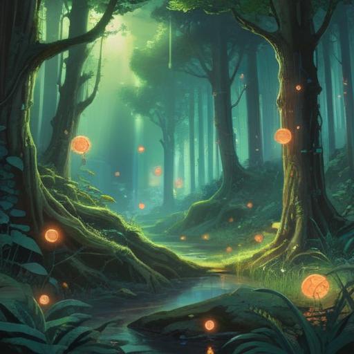 A mystical scene depicting a vibrant green light emanating from a forest, surrounded by ethereal creatures, gentle glowing orbs floating, a tranquil atmosphere inviting contemplation, symbols of spirituality subtly integrated into the foliage, soft beams of light filtering through the trees, a sense of serenity and awakening, 4k
