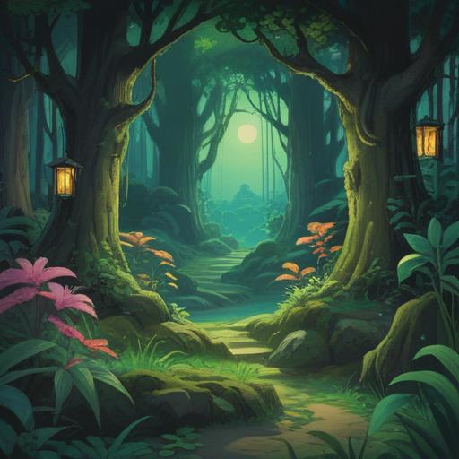 A serene landscape illuminated by a mystical green light, symbols of good fortune scattered throughout, lush greenery surrounding the scene, a gentle breeze causing leaves to rustle, a feeling of tranquility and hope, enchanting atmosphere, detailed foreground elements like flowers and stones, soft light casting shadows, 4k