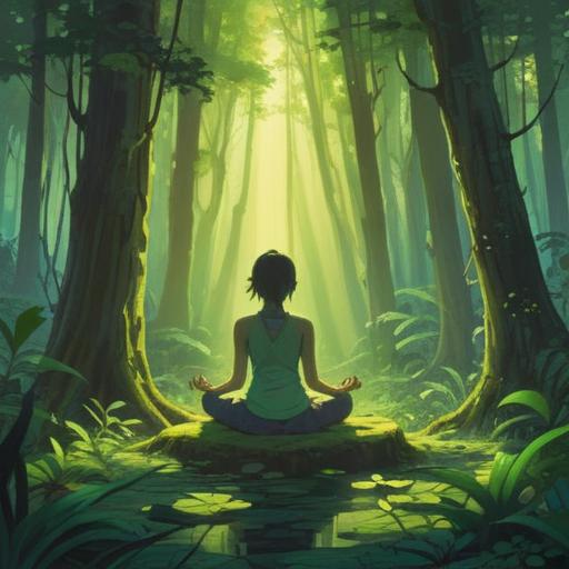 A serene scene depicting the calming effects of green light, a person meditating in a lush forest, beams of green sunlight filtering through the leaves, gentle rustling of foliage, peaceful expression on the person's face, harmonious connection with nature, soft, soothing atmosphere, emphasis on tranquility and mindfulness, 4k