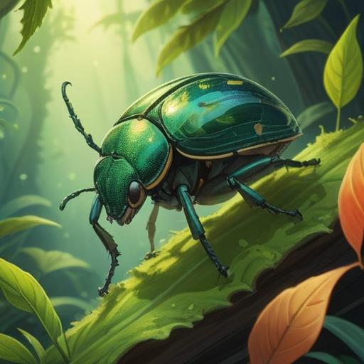 A vibrant green beetle perched atop a lush leaf, surrounded by ethereal light, representing spiritual growth and transformation, intricate patterns on its shell, a serene forest background filled with soft beams of sunlight filtering through the trees, a sense of harmony and balance, 4k