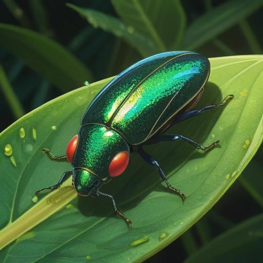 A vibrant green jewel beetle resting on a lush green leaf, symbolizing spiritual good fortune, surrounded by glimmers of light, intricate details of nature, serene and positive ambiance, softly glowing background, macro photography style, high definition