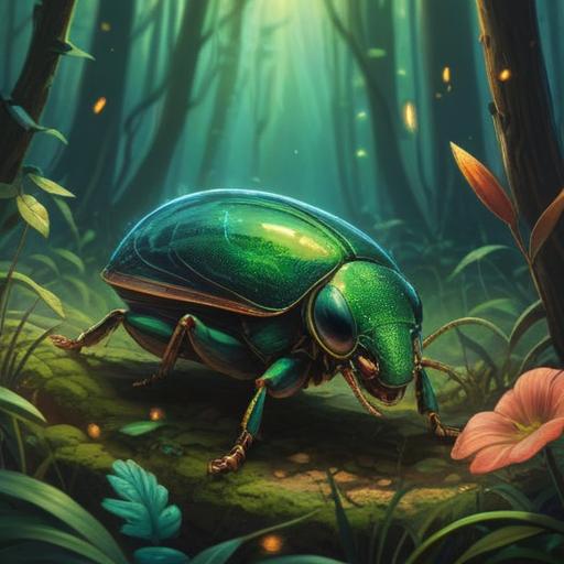 A vibrant, mystical scene depicting a green jewel beetle appearing amidst a lush forest, shimmering light filtering through the trees, the beetle symbolizing spiritual awakening, ethereal atmosphere, surrounded by glowing orbs representing signs from the universe, intricate details of foliage, tranquil mood, 4k