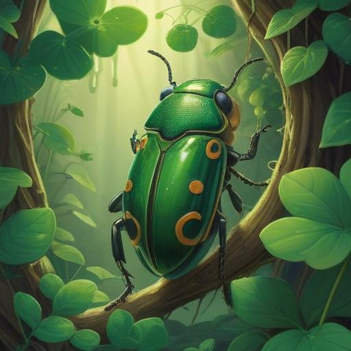 A vibrant illustration of a green jewel beetle perched on a leafy branch, surrounded by sparkling four-leaf clovers, glimmering lucky coins scattered on the ground, sunlight filtering through the trees, a serene forest setting, magical atmosphere, intricate details, 4k