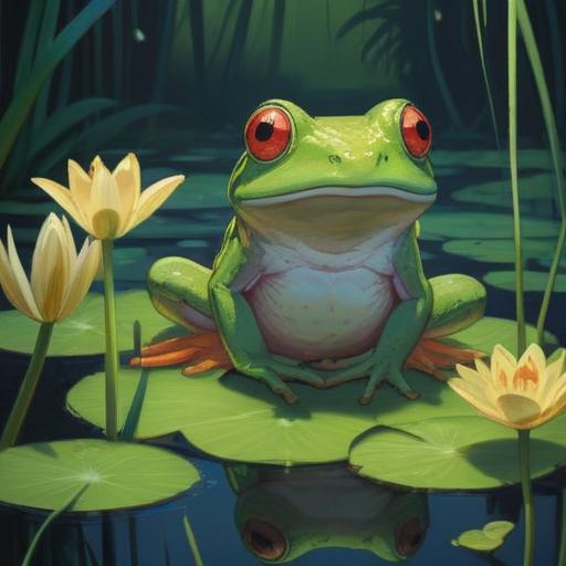 A vibrant green frog sitting on a lily pad in a serene pond, surrounded by magical glowing lights, symbolizing spiritual love, gentle ripples in the water reflecting the moonlight, lush greenery in the background, soft ethereal ambiance, harmony between nature and emotion, captivating eyes of the frog expressing deep connection, enchanting atmosphere, 4k